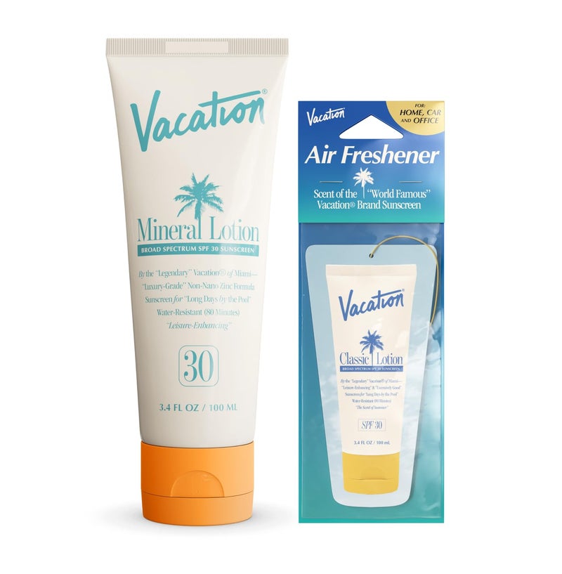 Vacation Mineral Lotion Sunscreen SPF 30  Air Freshener Bundle NonNano Zinc Oxide Formula No White Cast WaterResistant DermatologistTested Vegan Travel Size 34 Fl Oz